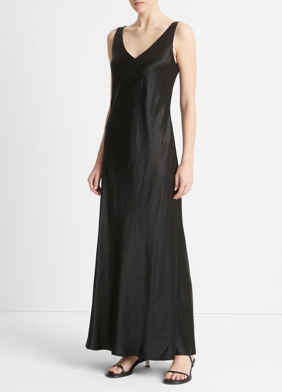 VINCE Black Satin V-Neck Maxi Slip Dress Size Extra Small